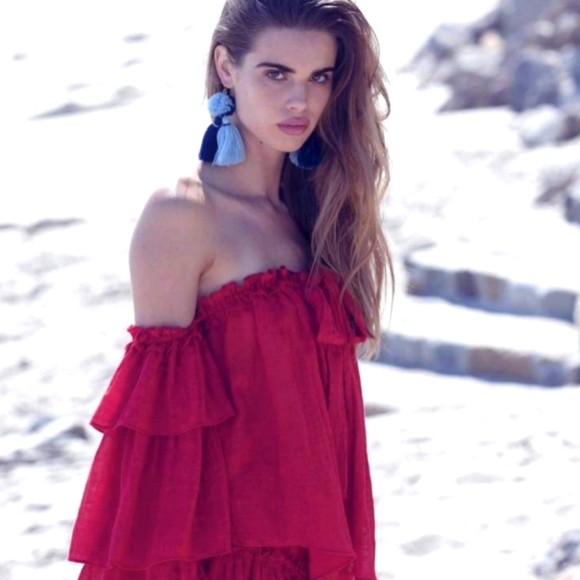 Misa Los Angeles Red Alisa Ruffle Off The Shoulder Summer Crop Top XS - Picture 1 of 8